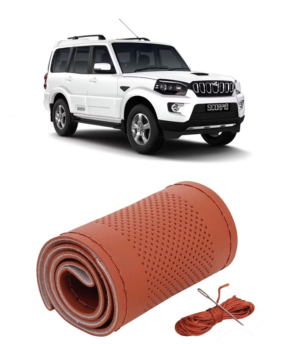 Anti-Slip Auto Car Steering Wheel Cover for Mahindra Scorpio Car (Color: Tan, Hand Stitched, Premium Material)-image-1