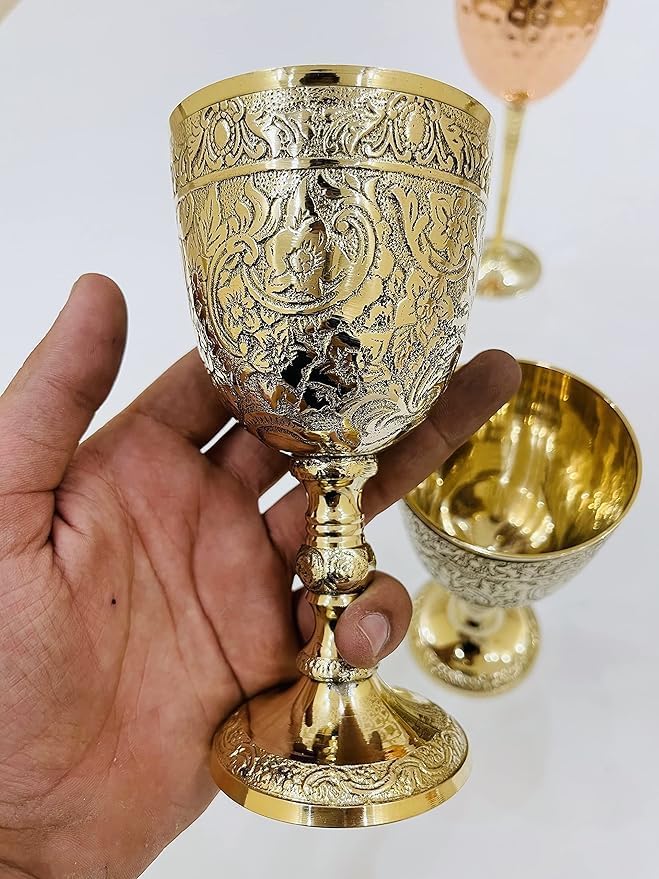Marcos Vintage Hand-Made Brass King Royal's Chalice Embossed Cup 6" Goblet Glass Wine Glass (Pack of 1)