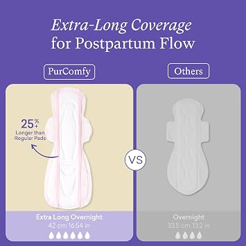PurComfy Premium Postpartum Pads with Wings, 24 Count | Heavy Flow, Maximum Absorbency, Ultra Soft, Secure Leak Protection