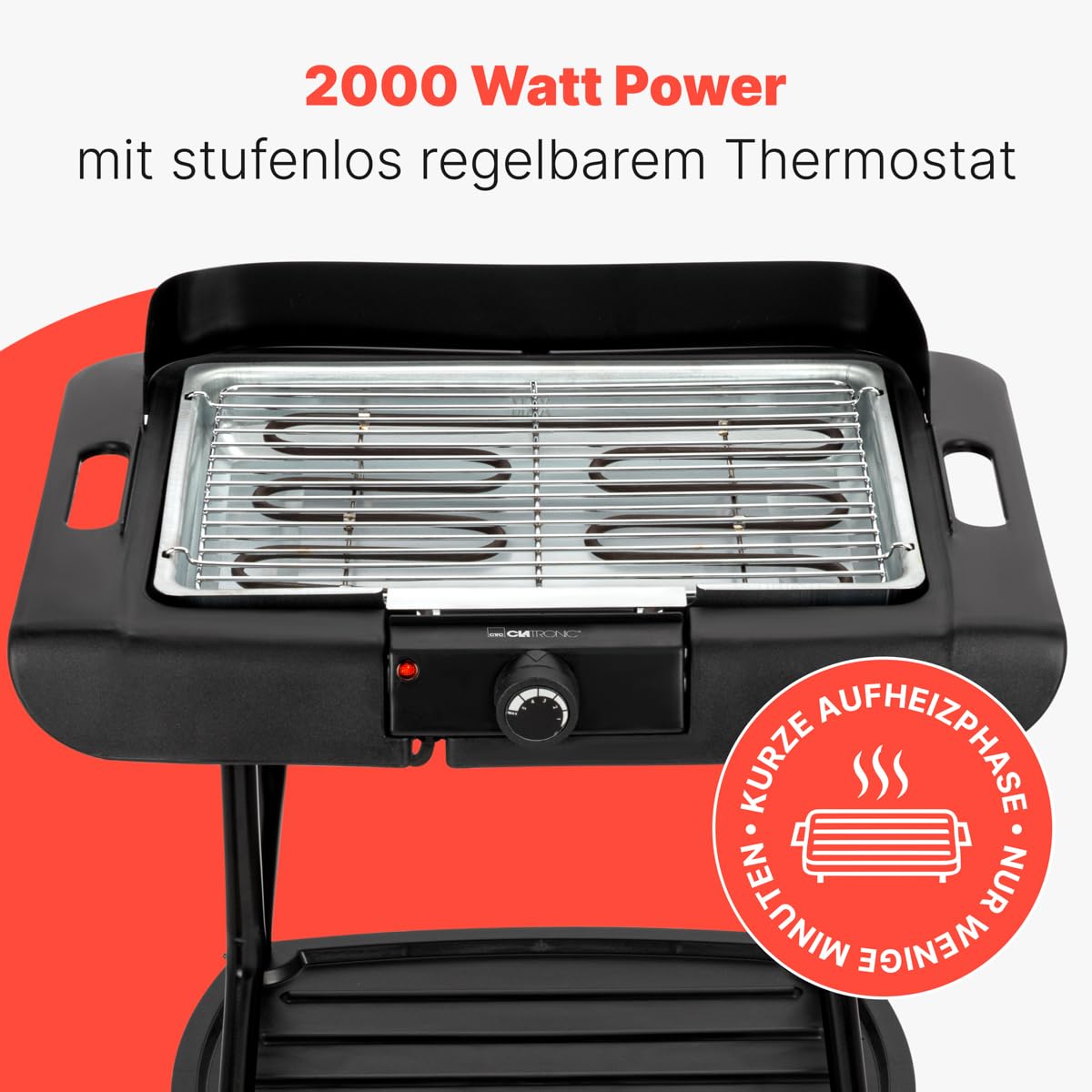 Barbecue sur pied et de table Clatronic | pour l'intérieur et l'extérieur | Barbecue électrique pour balcon | 2000 W | Barbecue de table électrique | Faible dégagement de fumée et d'odeurs | BQS 3842