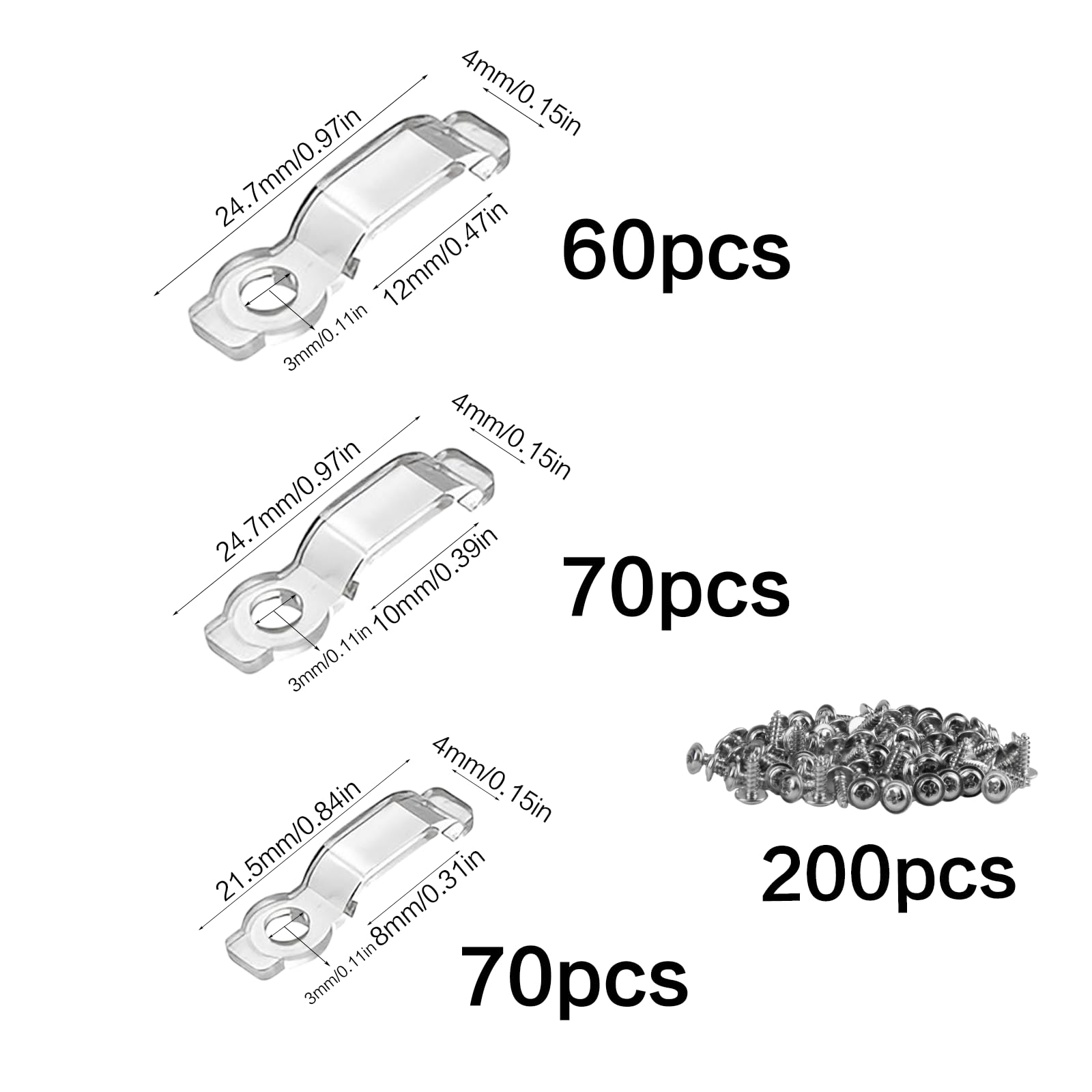 200 strisce LED di fissaggio 8 mm, 9 mm, 10 mm, striscia LED in plastica, fissaggio con 200 viti per il fissaggio di strisce luminose, fissaggio tubo luminoso