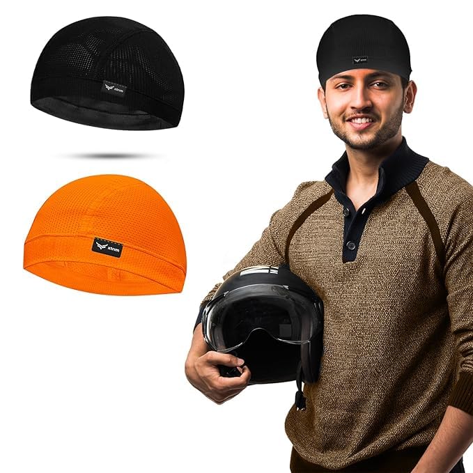 Image of XTRIM Unisex Helmet Skull Cap for Bikers & Cyclists, Cotton Head Cap, Hair Inner Helmet Cap for Men, Sweat Cooling Beanie Cap for Men for Women, Skull Mask for Bike (Pack of 2, Orange & Black)