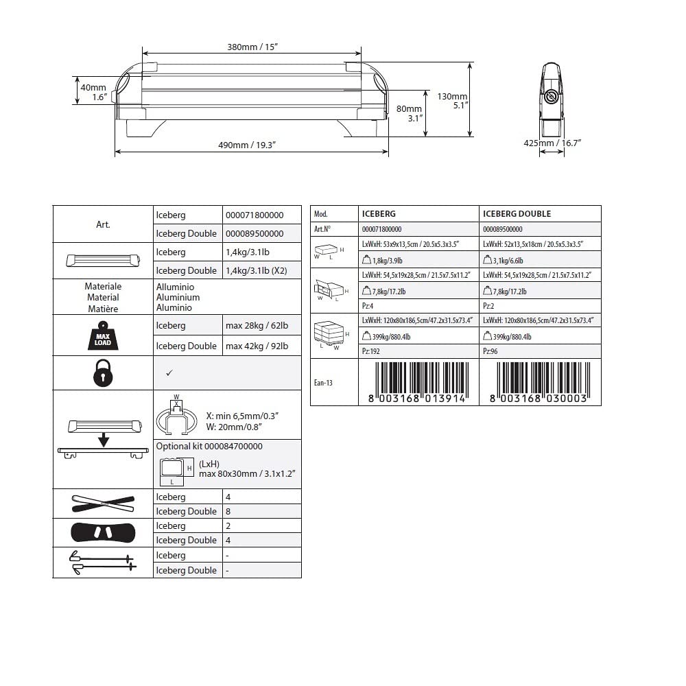 COMPATIBILE CON AUDI Q3 PORTASCI IN ALLUMINIO PER BARRE PORTAPACCHI TETTO AUTO CON 4 PAIA DI SCI O 2 SNOWBOARDS PORTA SCI OMOLOGATO MENABO