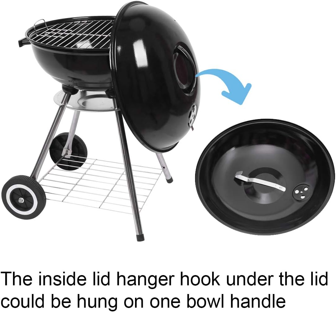 Image showing the lid of the ZOKOP charcoal grill with an arrow indicating how the internal hook can be used to hang the lid on the grill bowl handle.