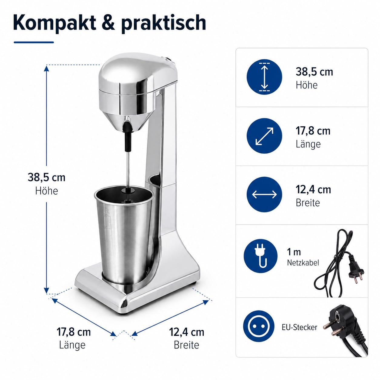 Frappe Mixer, Eiweiß Shaker Elektrisch mit 2 Geschwindigkeitsstufen Standmixer mit 1 Becher, Edelstahl Milchshake Mixer für cremige Milkshakes, Eiweißshakes, Cocktails, Frappes oder Smoothies