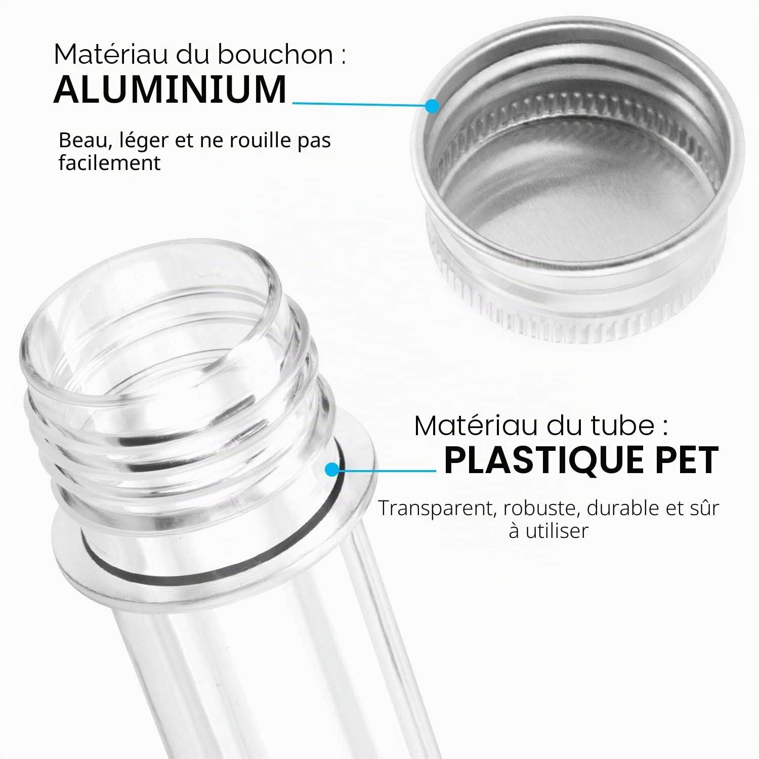 KAHEIGN 60 Pièces Tubes à Essai en Plastique avec Casquettes, 45ml Tubes de Sel de Bain Transparents Tubes de Bonbons Gumball Flacons Tube Récipient pour Fleur Épices Verre Perles Liquide Laboratoire