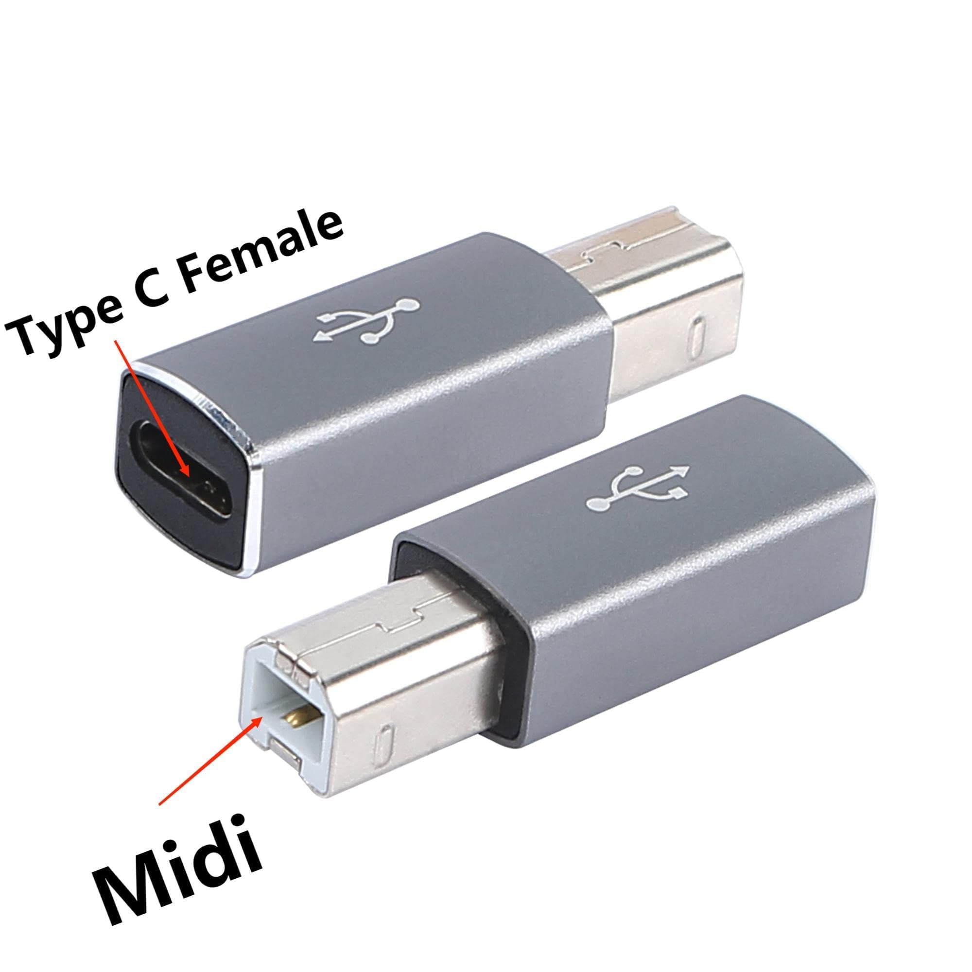 QIANRENON USB C a B Convertitore di StampaType C a MIDI Adattatore di Interfaccia Digitale,Collegare la Tastiera al Telefono ellulare Tramite OTG,per Stampante, Piano Elettrico,Argento,2 Pezzi