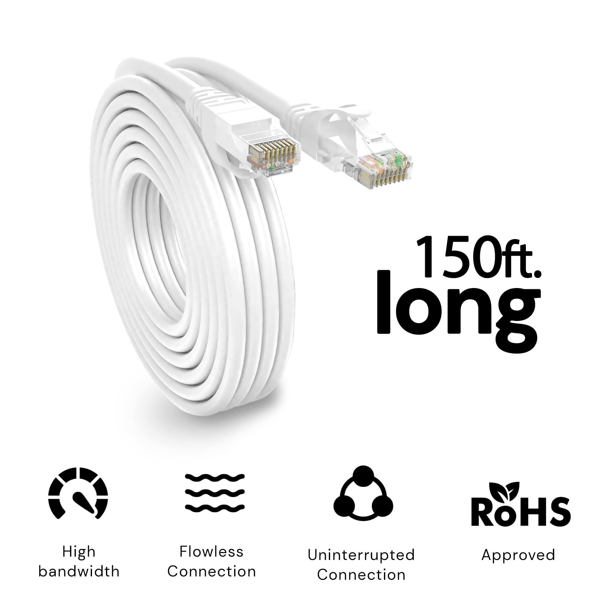 Kabel Ethernet Cat6 do gier, 45,7 m, biały kabel sieciowy LAN, kabel krosowy z klipsami, złącza RJ45, 24AWG, 500 MHz do modemu routera, kompatybilny z PS3, PS4, PS5