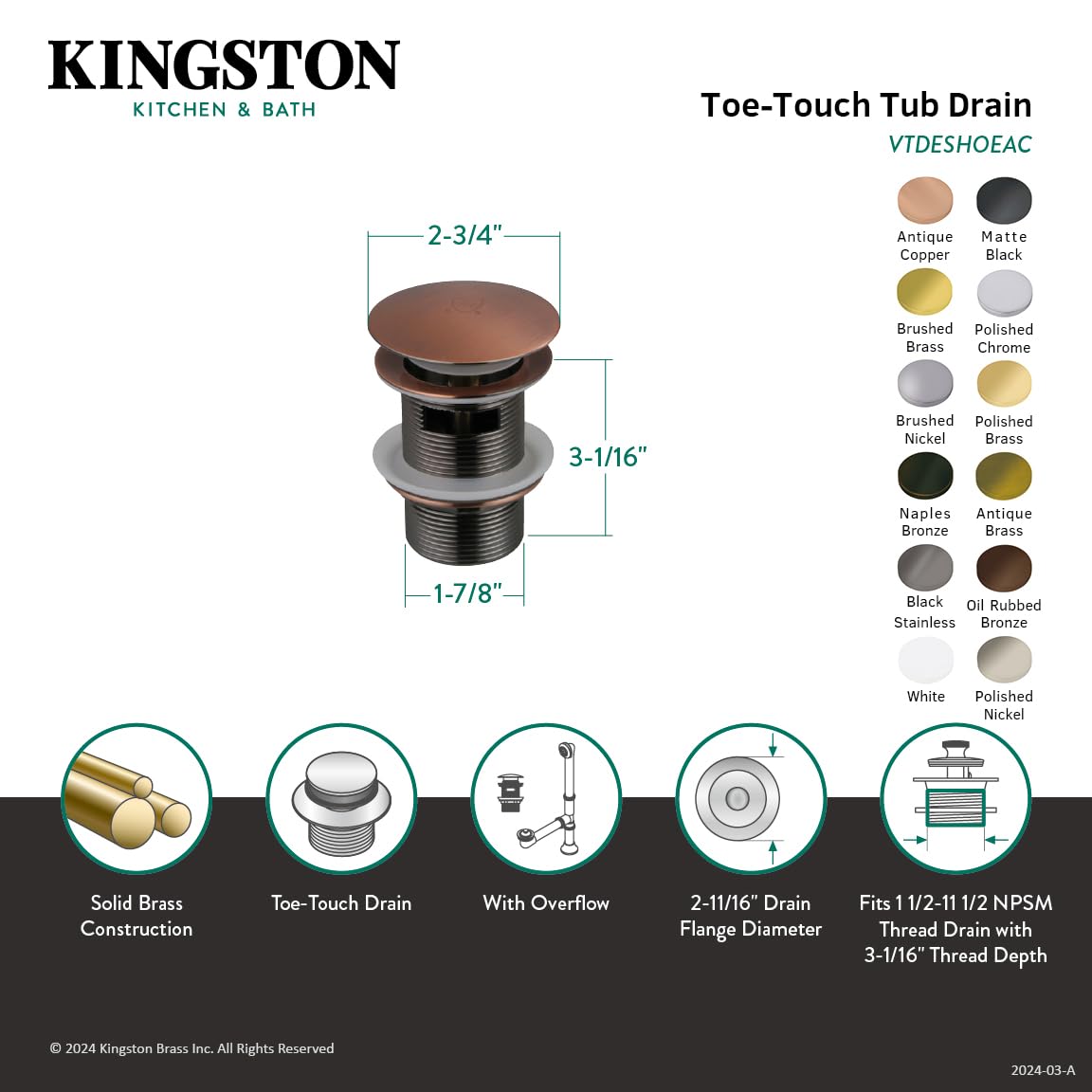 Kingston Brass VTDESHOEBB Trimscape Tub Drain Shoe, Brushed Brass