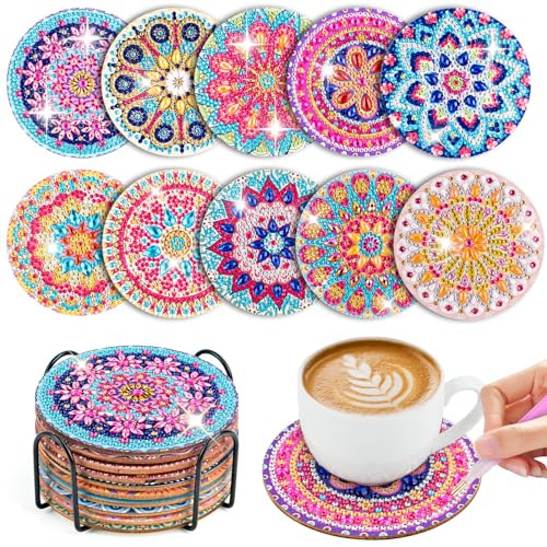 WuGU 10 Stück Diamond Painting Untersetzer mit Halter Diamant Tassenuntersetzer Mandala Diamond Art Painting 5D DIY Mandala Untersetzer rutschfest für Anfänger Erwachsene & Kinder