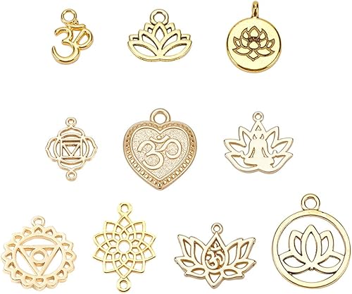 SUNNYCLUE 1 caja de 48 piezas de 12 estilos de dijes de yoga a granel, colgantes de loto de chakras, conectores de eslabones Ohm Aum, dijes de