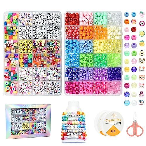 JOJANEAS Pony Beads Kit Bracelet Making Kit Beads for Bracelets Making Friendship Bracelet Kit Smile Face Beads Letter Beads for Jewelry Making Bracelet Beads for Girls Ages 8-12