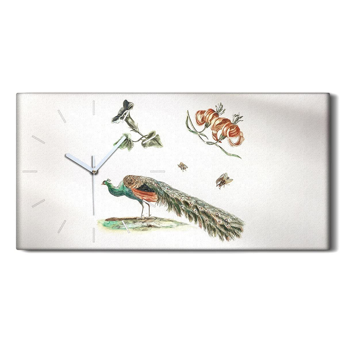 Art mural moderne : horloge sur toile oiseau et fleurs de paon 60x30cm