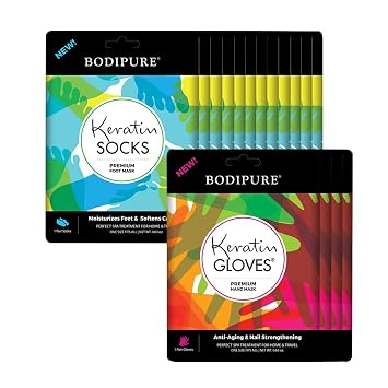 BODIPURE Premium Keratin Gloves and Socks Bundle - Nail Strengthening Hand Masks and Moisturizing Foot Masks - 12 Sock Pairs and 4 Hand Glove Pairs