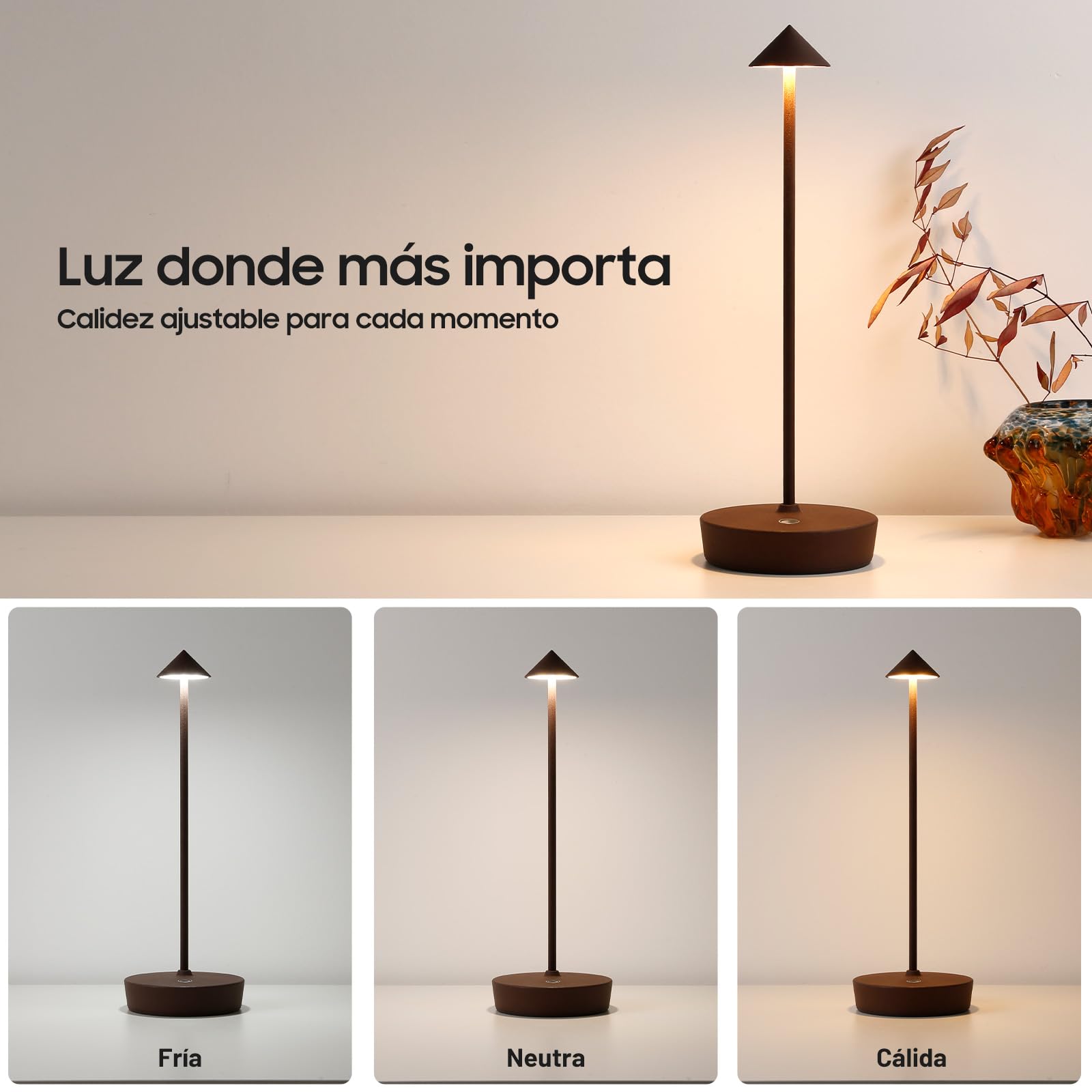 Lámpara de Mesa sin Cable LED Recargable 6000mAh, 3 Modos de Luz, Brillo Regulable Táctil, IP54, con Memoria, para Dormitorio, Terraza y Exteriorr (2x Corten)