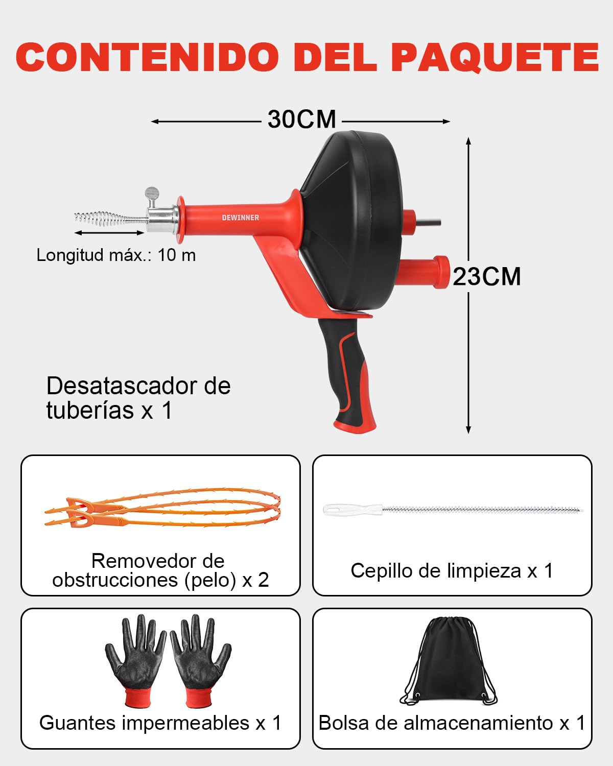 DEWINNER Desatascador de Tuberías 10m Profesional - Kit 2 en 1 Manual y para Taladro, Elimina Atascos de Pelo y Grasa, Guantes y Bolsa - Para Fregadero, Lavabo, Ducha