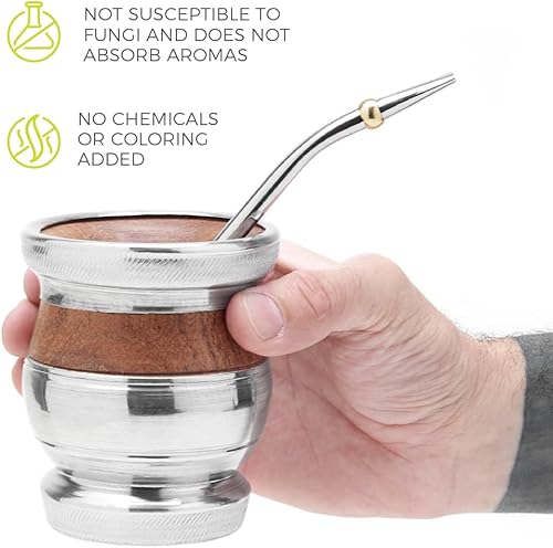 Miniatura 4 de BALIBETOV Juego de calabaza de madera Yerba Mate - Algarroba tradicional y aluminio (copa mate) con bombilla (paja de yerba mate) (madera con base