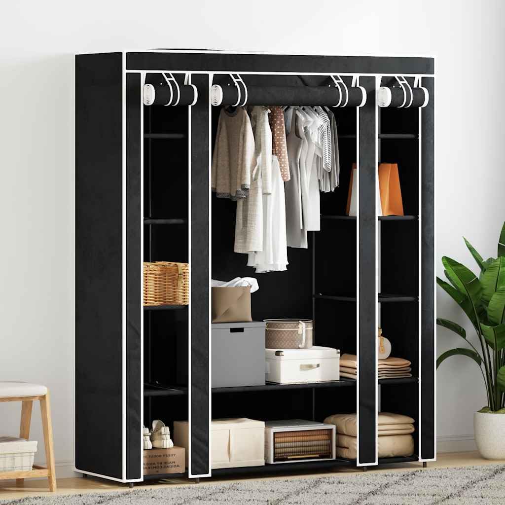 Stoffschrank mit Fächern und Kleiderstangen 45x150x176 cm Schwarz für Schlafzimmer Flur Kinderzimmer, Faltbarer Kleiderschrank mit Aufbewahrung, stabile Eisenstangen, platzsparend, langlebig