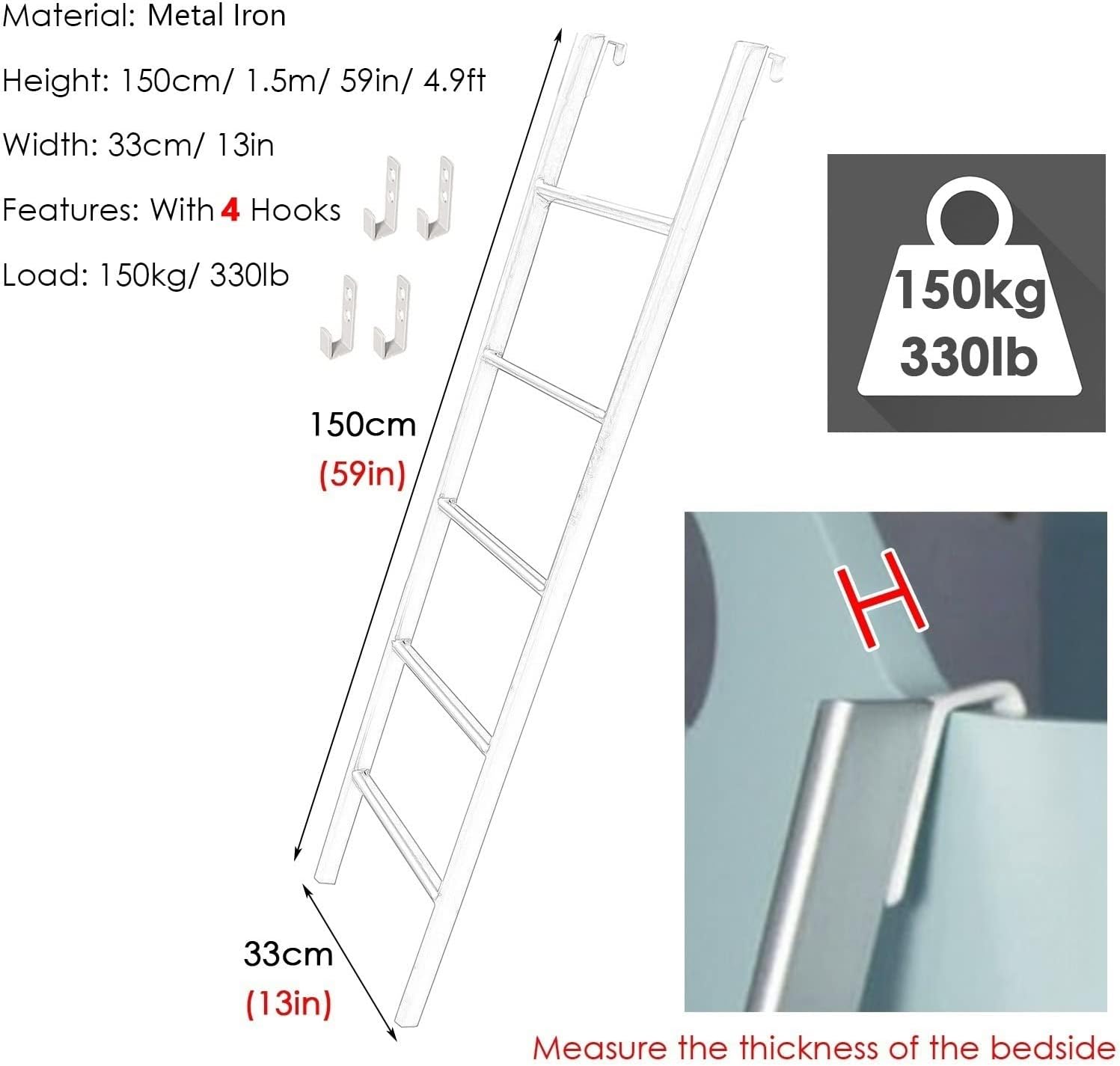 Metal Bunk Bed Ladder, Camper/Travel Trailer/Van Motorhome Twin Bed Side Ladder with Stair Cushion and Hooks, Hanging Elevated Bed Ladder (Color : Silver, Size : 1.4m/4.6ft) (Black