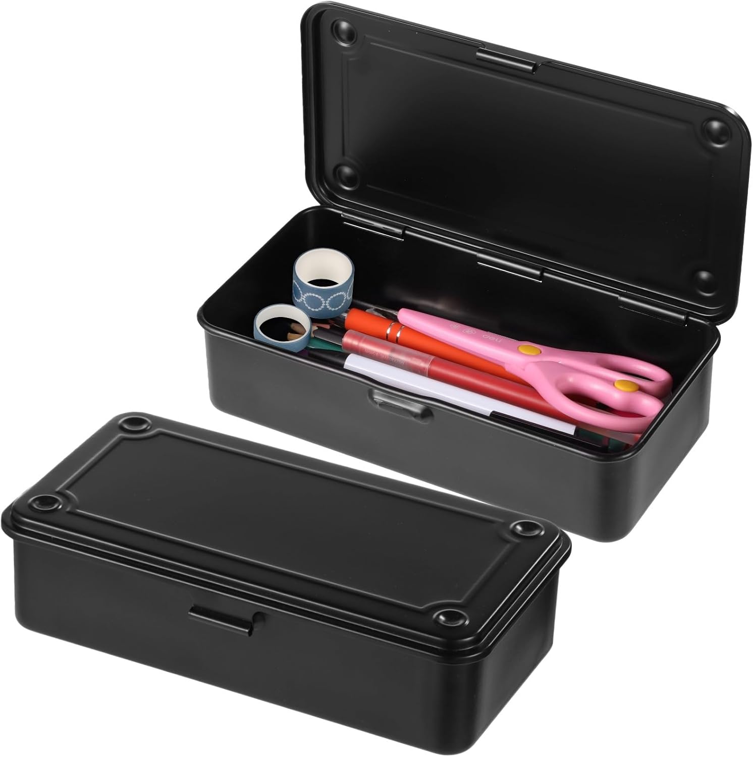 2 Pcs Metal Tool Box with Hinged Lid, Steel Storage Box for Stamps, Rectangular Storage Organizer for Pegs Pens Stationery Office Supplies