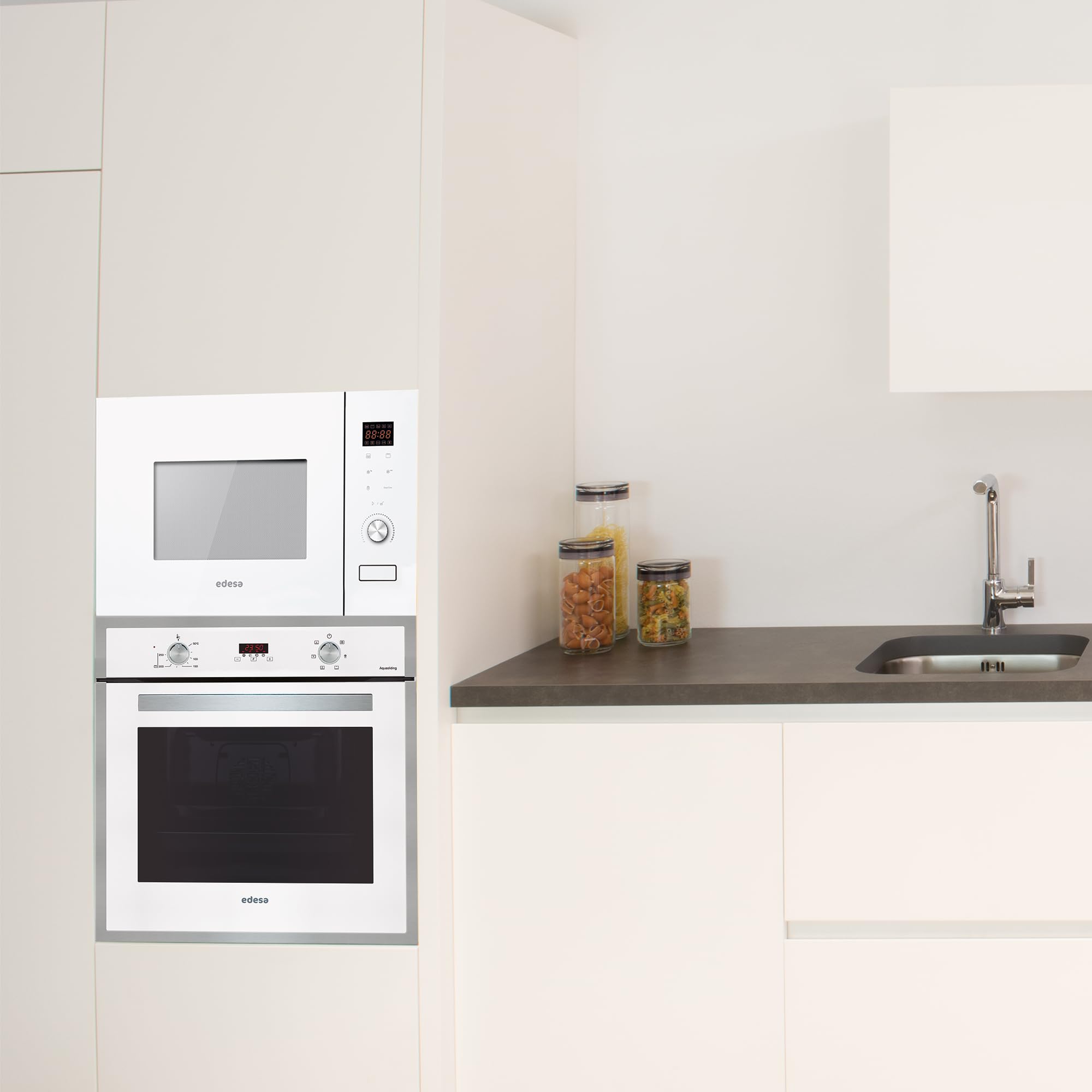EDESA Mikrowelle EMW-2020-IG WH mit Einbau, 20 l, 800 W und Grill, 1000 W, Innengehäuse aus Edelstahl, Auftau- und Heizfunktionen, Breite 59,5 cm, Weiß