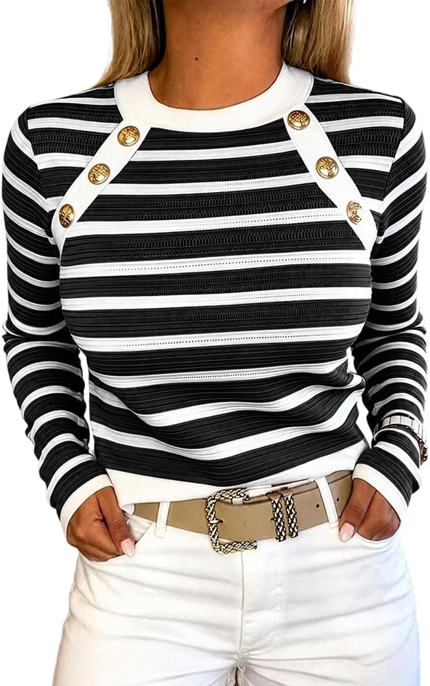 CHICME Sweaters for Women Crewneck Striped Sweater Pullover