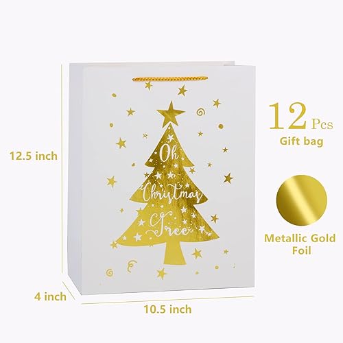 Miniatura 5 de UNIQOOO 12 bolsas de regalo grandes de papel de aluminio dorado blanco y metálico, 4 diseños surtidos de copos de nieve de árbol de Navidad,