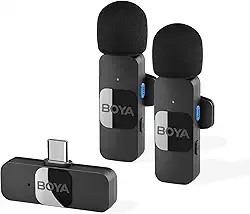 BOYA Microfone de lapela sem fio BY-V20 para Iphone 15 e ANDROID USB C Smartphone Tablet Mini microfone para celular Microfone clip-on para gravação vídeo Podcast YouTube Live Streaming