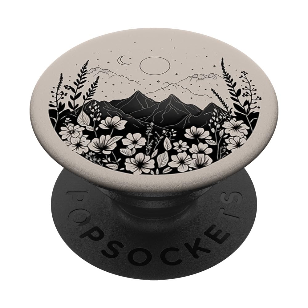 Boho Chic Floral Forest Nature Mountain Moon Sun Monochrome PopSockets Adhesive PopGrip