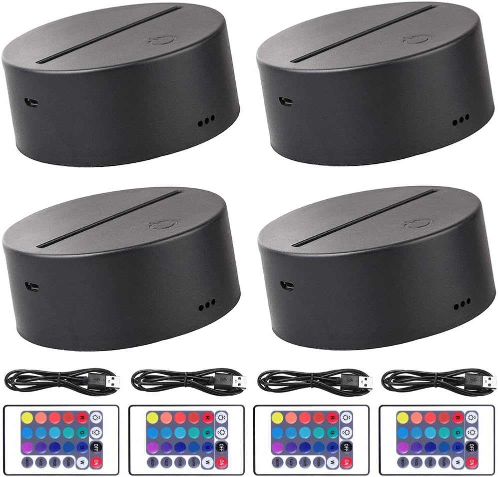 HYNNIO 4Pcs 3D Night LED Light Lamp Base + Remote Control + 1 Acrylic Sheet + USB Cable Adjustable 7 Colors Decoration Decorative Lights for Bedroom Childroom (4Pcs Black)