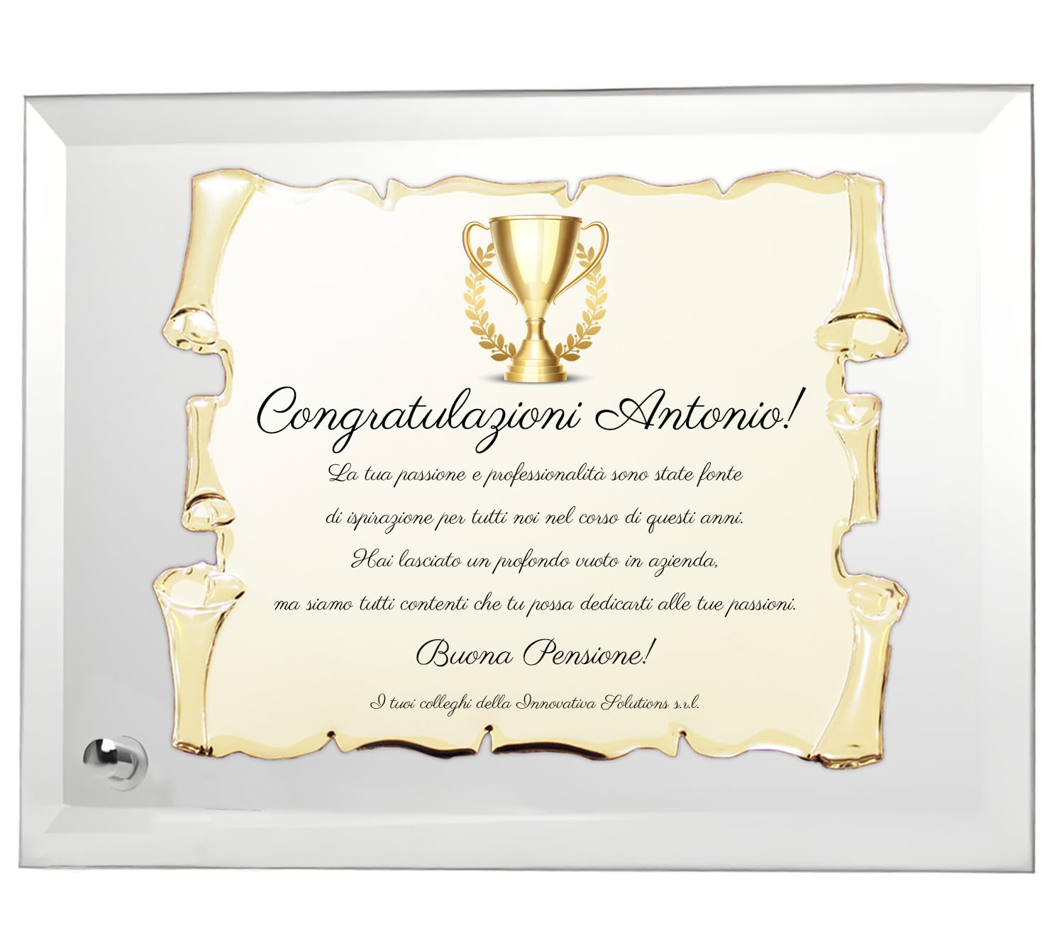 Targa Personalizzata Regalo per Matrimoni, Anniversari, Lauree, Pensionamenti e Riconoscimenti Speciali | Cristallo e Pergamena Dorata