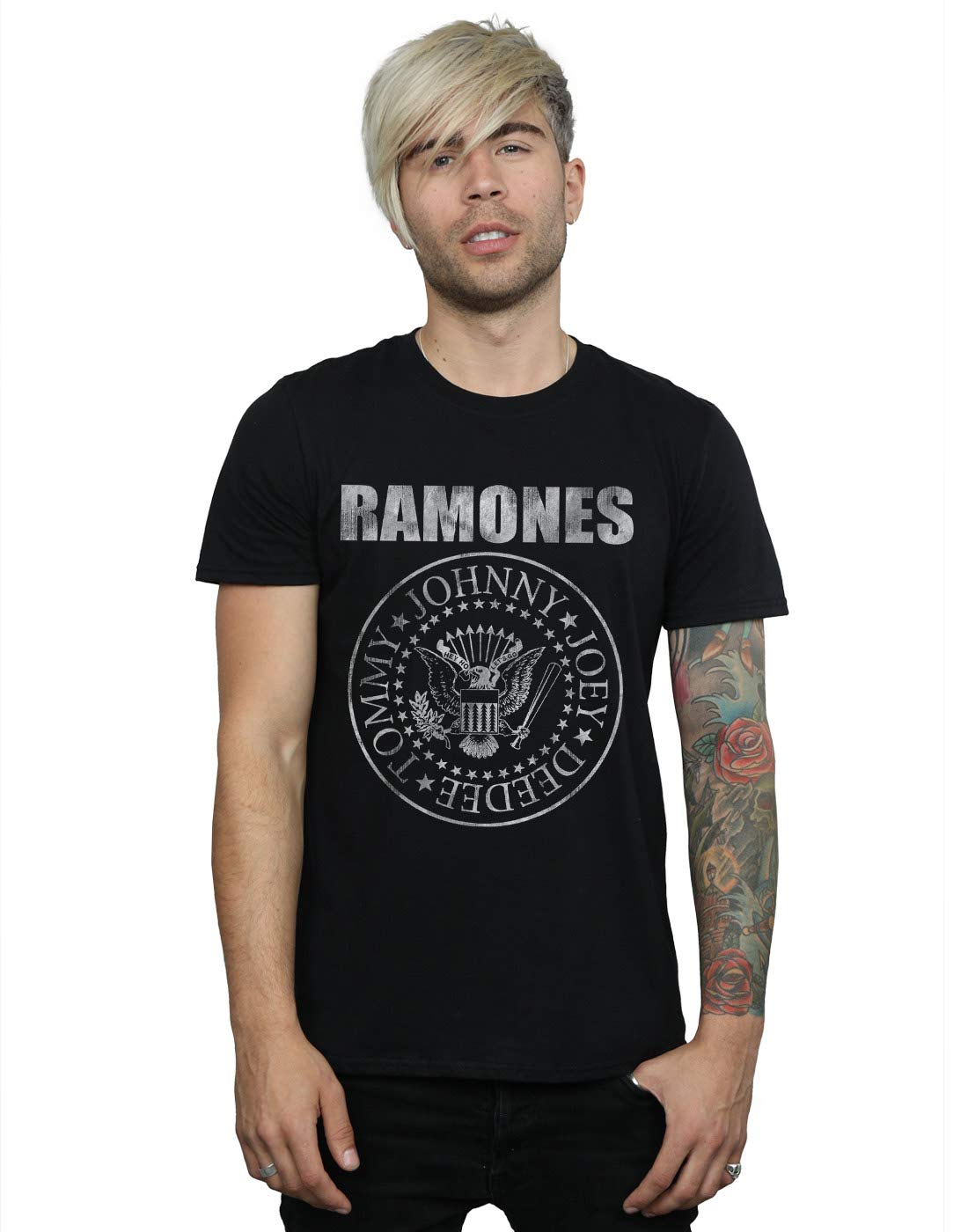 Absolute Cult Men's Black Ramones Distressed Seal T-Shirt XX-Large