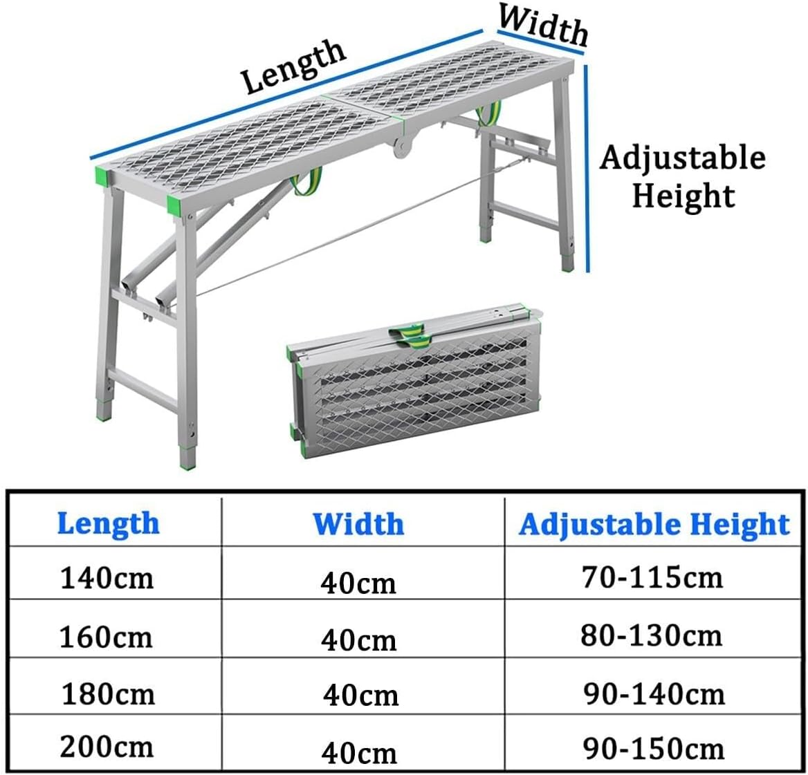 Folding Scaffolding Equipment 15.7inch Width Multipurpose Work Platform Scaffold Tower Ladder Stool Work Bench with 5-Gear Adjustable Height for Home Improvement, Maintenance Work,C-180×40cm(C,140x40c