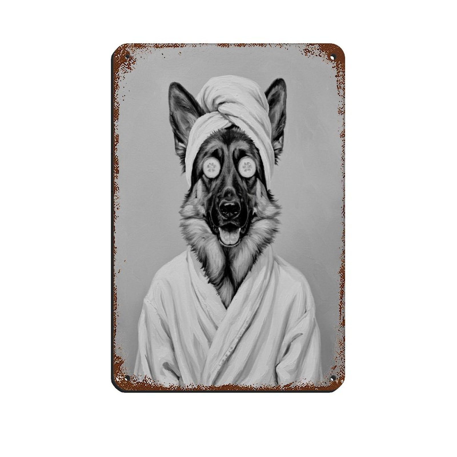 Bathroom Spa, German Shepherd Art, Dog in Bathrobe Retro Poster Metal Tin Sign Chic Art Retro Iron Painting Bar People Cave Cafe Family Garage Poster Wall Decoration 8x12inch(20x30cm)