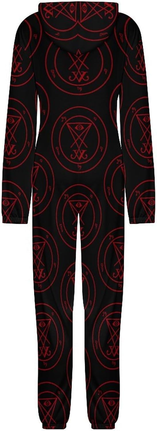 Sigil of Lucifer Adult Pajamas Onesie with Hood Pocket Jumpsuits One Piece Sleepwear