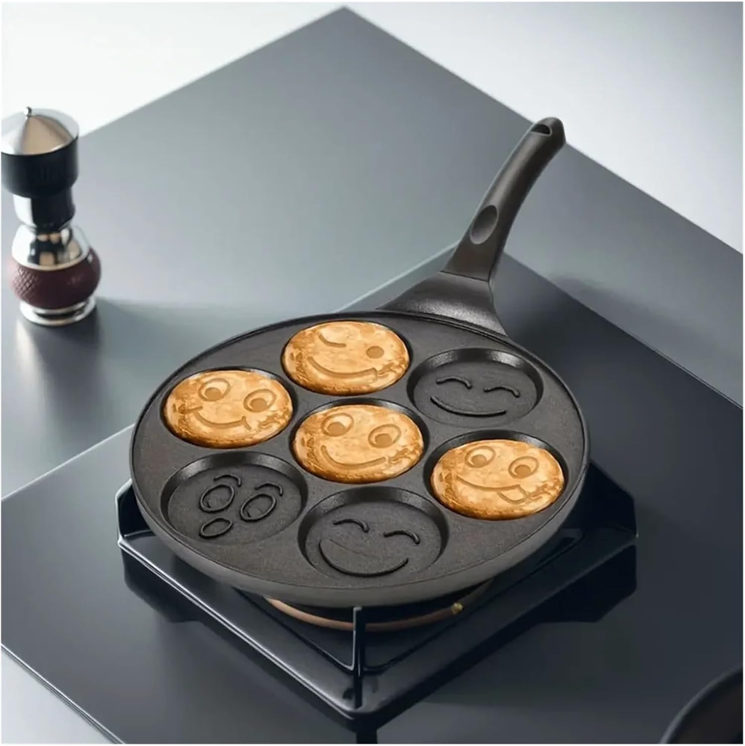 7 Smiling Face Frying Pans, Thickened Mini Pancake Breakfast Machine(Blue)