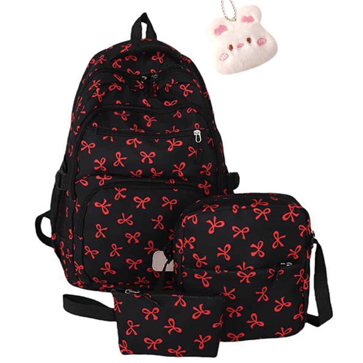 Bow Backpack for Girls, Aesthetic Daypack Nylon Rucksack Bags, Cute Kawaii Backpack with Bows 3Pcs Set (Red)