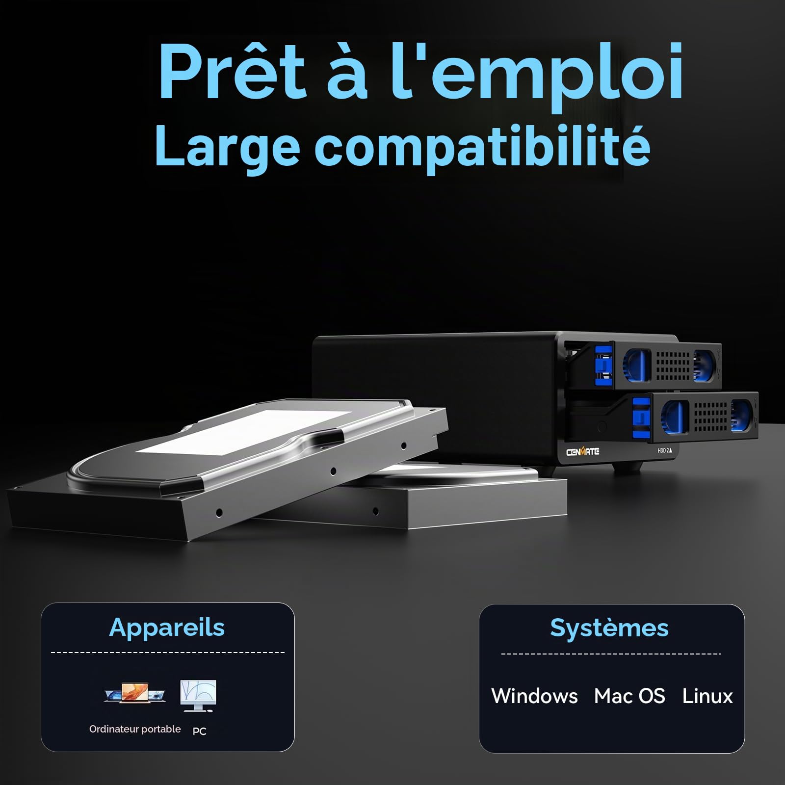 Boîtier de Disque Dur, CENMATE Aluminium Boîtier 2 Baie avec Ventilateur SATA 2,5/3,5 HDD/SSD, USB A/C 3.0, Supportant l'échange à Chaud, l'extension en Chaîne, Boîtier HDD,DAS (NO Raid/NAS)