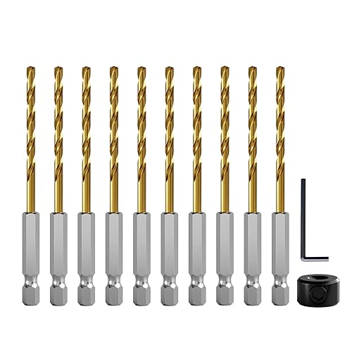CSOOM Juego de brocas helicoidales de titanio, 10 brocas helicoidales de 18 pulgadas con 1 localizador de taladro adicional, alta velocidad, para