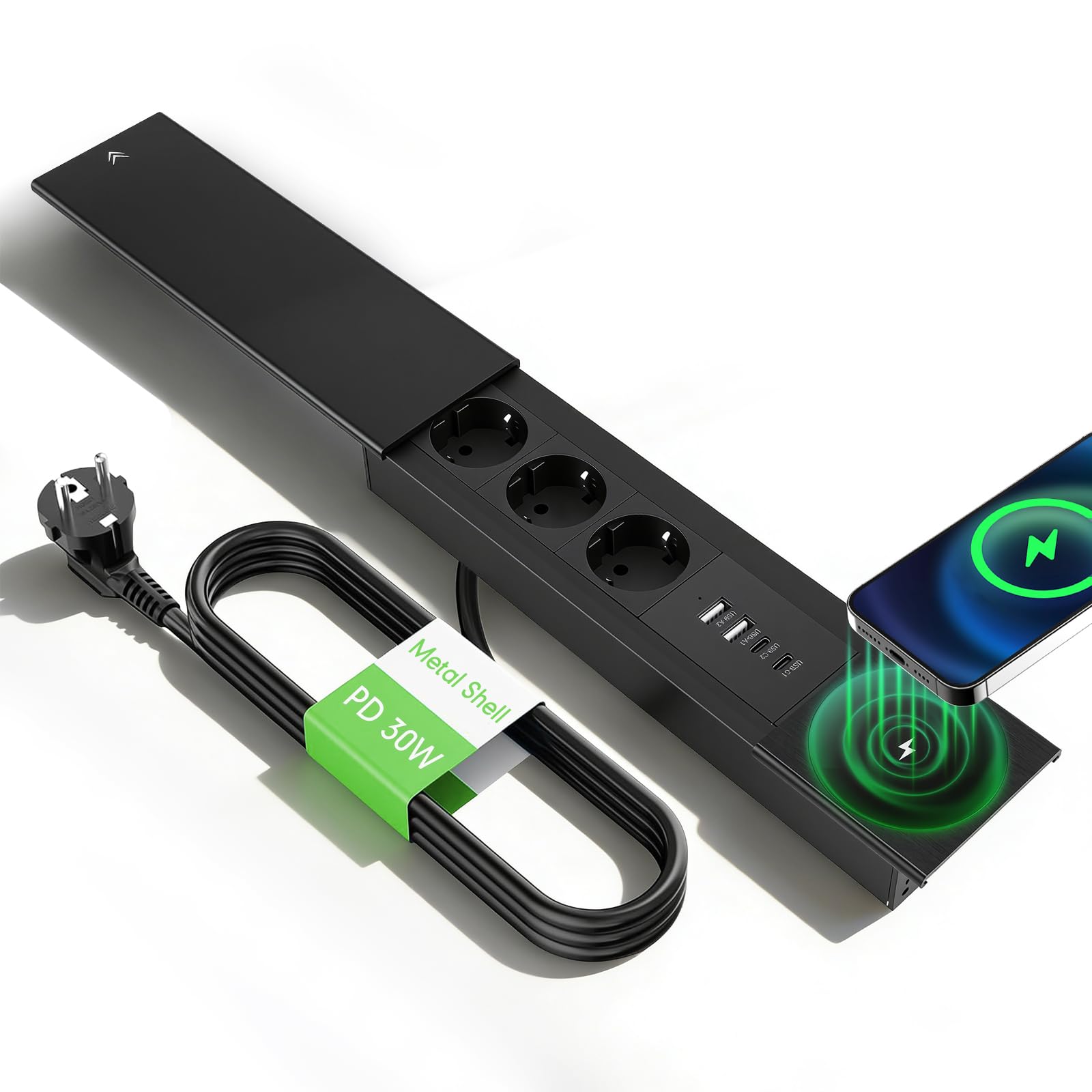 3 Fach Versenkbare Steckdose PD30W und15W Kabelloses Ladegerät und 2 USB C und 2 USB A, Tischsteckdose mit USB Versenkbar und Metall Deckel, Einbausteckdose für Schreibtisch Küche Büro, 1.8 Kable