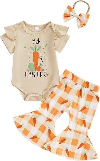 LYSINK Toddler Girl Easter Outfits Bow Bunny Print Short Sleeve Shirt Top with Flare Pants and Bow Headband 3 Pcs Set