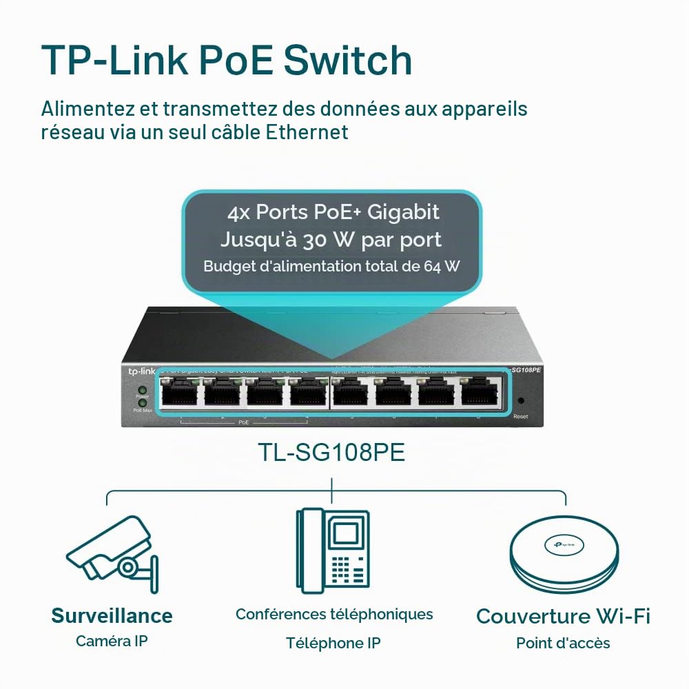 TP-Link TL SG108PE 8 Ports Gigabit Web Managed Ethernet PoE Facile Intelligente Switch (4 Ports PoE, 55 Watt Budget)