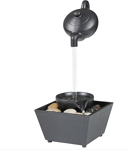 Fuente de agua de mesa, fuente de tetera flotante, fuente de agua de escritorio con tetera flotante, luz LED y rocas, decoración de cascada para