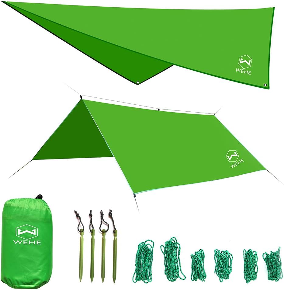 Hammock Rain Fly Tent Tarp. Waterproof Camping Shelter. Stakes Included. Lightweight. Fast Easy Setup. 210T Ripstop Polyester Taffeta (10' (L) x 10' (W)) (Green)