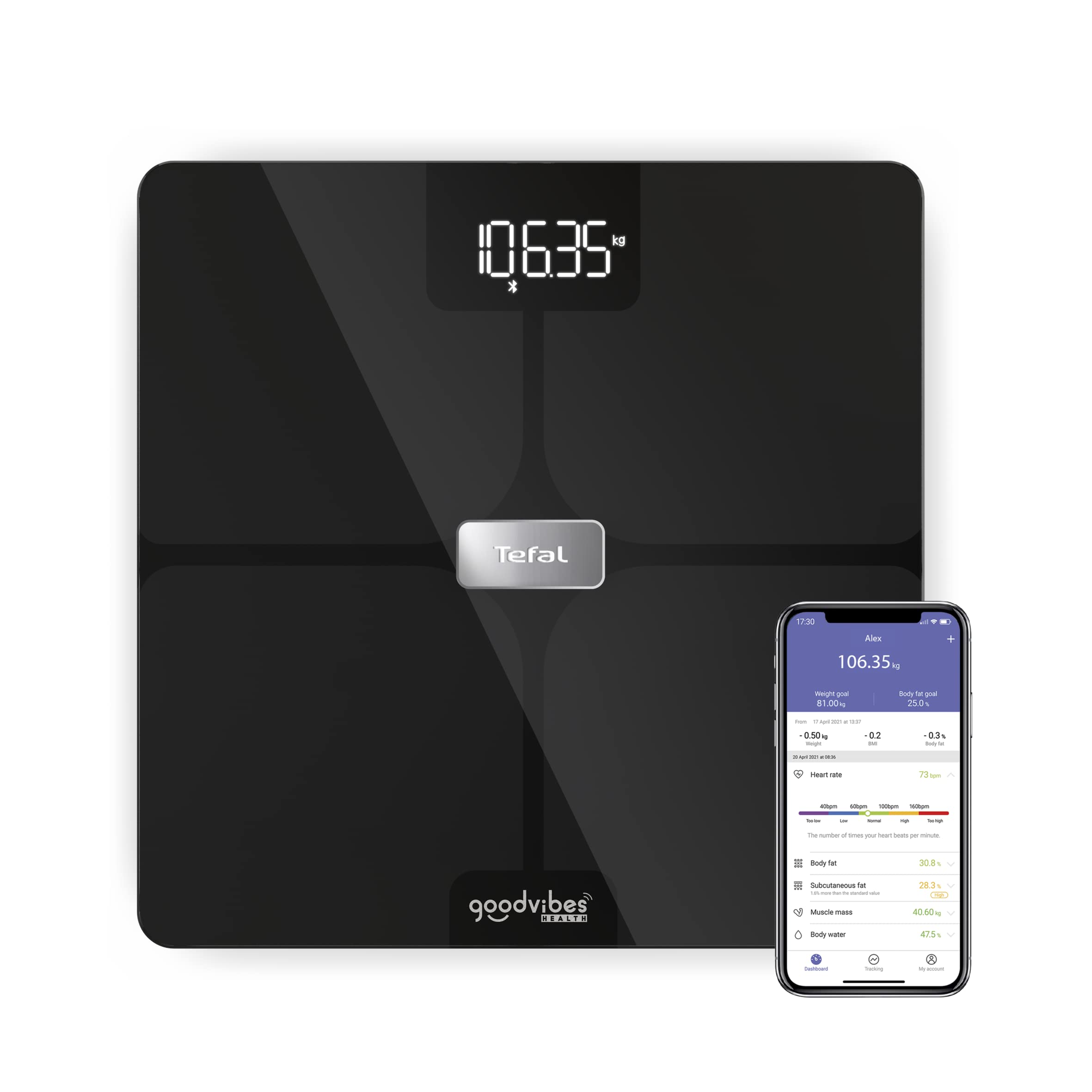 Tefal Goodvibes Health Balance conectado, 14 indicadores corporales, aplicación conectada, número ilimitado de usuarios, capacidad de 180 kg y bandeja de cristal 32 x 32 cm, negro BM9670S1