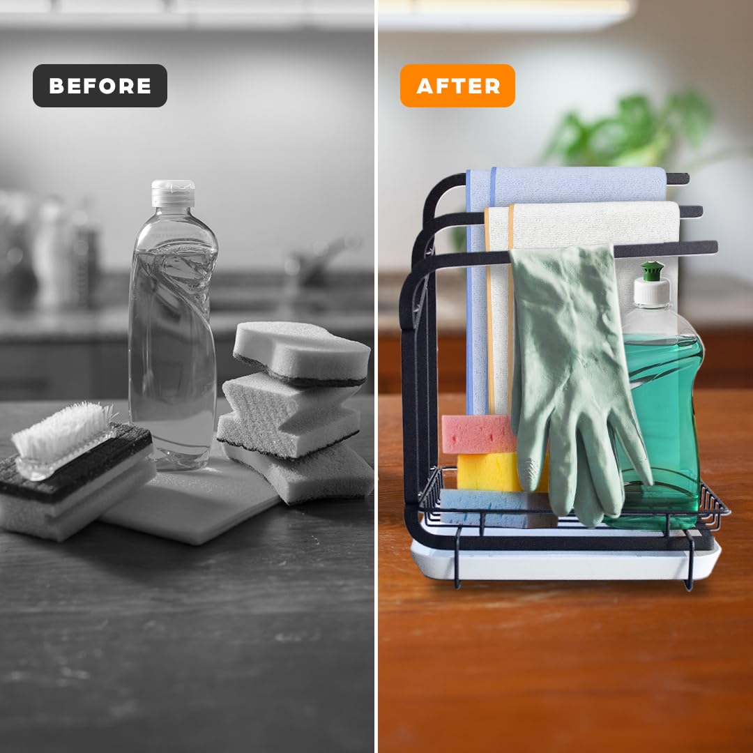 FULL OF INNOVATION Metal Sink Organizer - Multi-Functional Towel Holder, Sponge Rack, and Dishwashing Accessories Organizer - Liquid Drainage Base Organizer - Incredible space savings