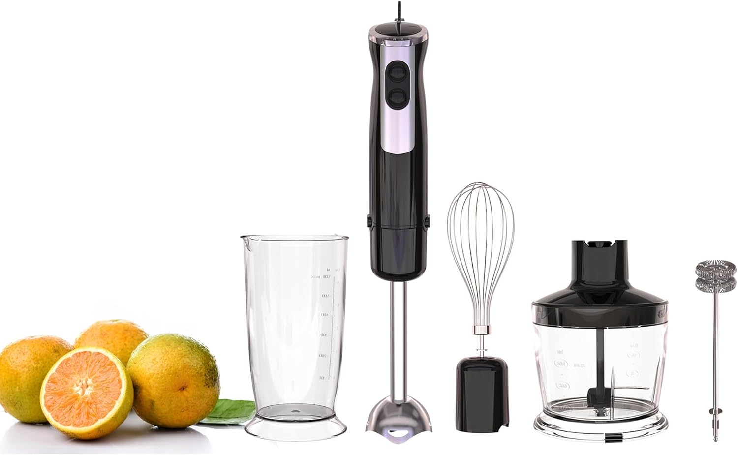 Stainless Steel Hand Blender, 4-in-1 Stick Blender 60W Immersion Hand Blender Food Grinder with Double Mixing Blades for Milkshake, Smoothie and Sauce, BPA Free