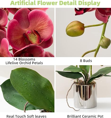 Miniatura 2 de Flores artificiales de orquídea fucsia con jarrón de cerámica arreglo floral de Phalaenopsis falso hermosas plantas artificiales para oficina