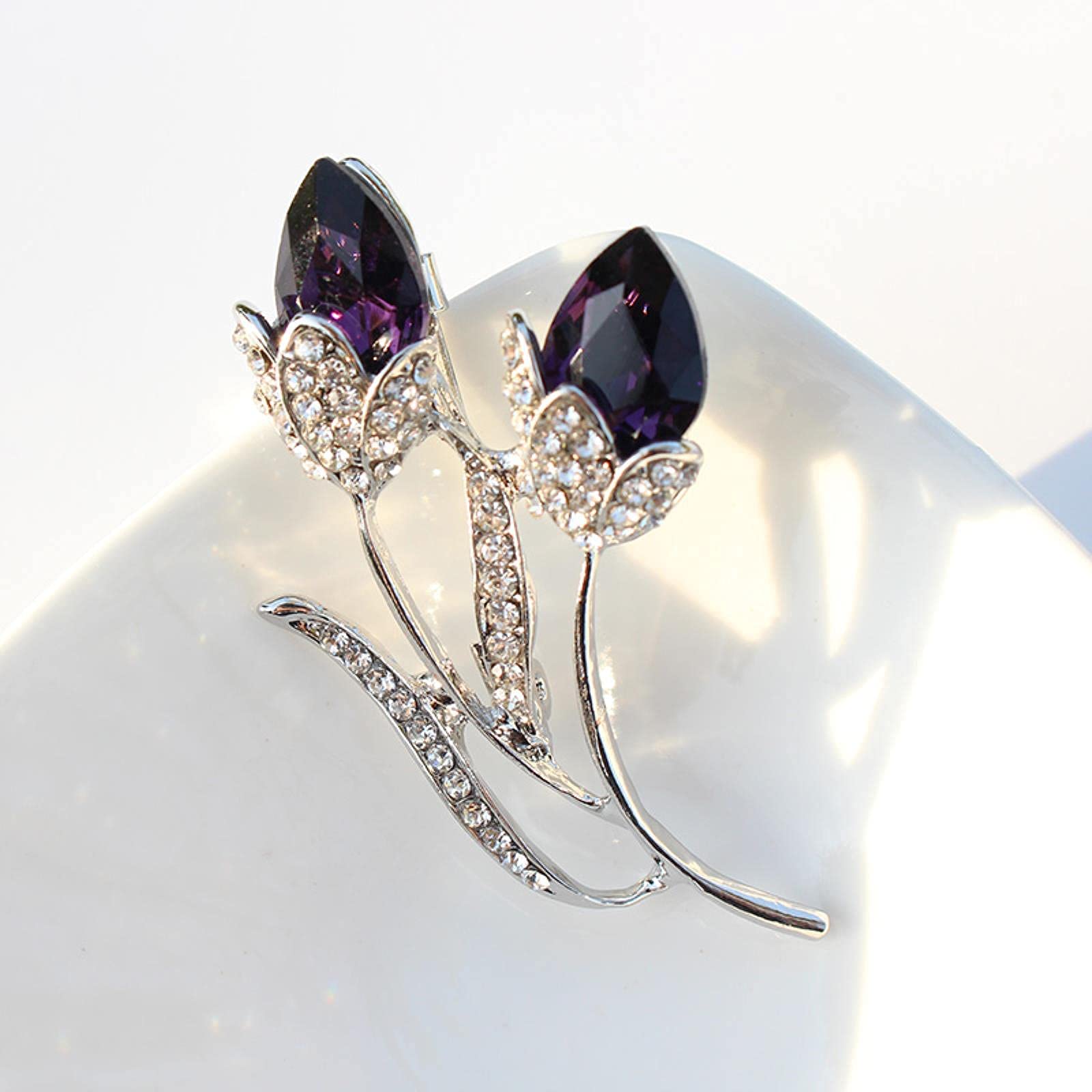 Brooch Fashion Exquisite and Elegance Crystal-Encrusted Tulip Flower pins Concise Style Birthday Party Gift Women Girl (Blue)