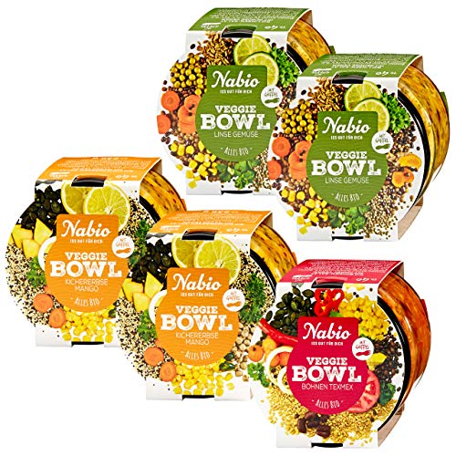 Nabio Veggie Bowl Bio Feinkostsalat Selection 3 Sorten - 2x Kichererbse Mango, 2x Linse Gemüse, 1x Bohne TexMex, vegan, mit To Go Holz-Göffel, 5 Stück (5x 235g) Cover